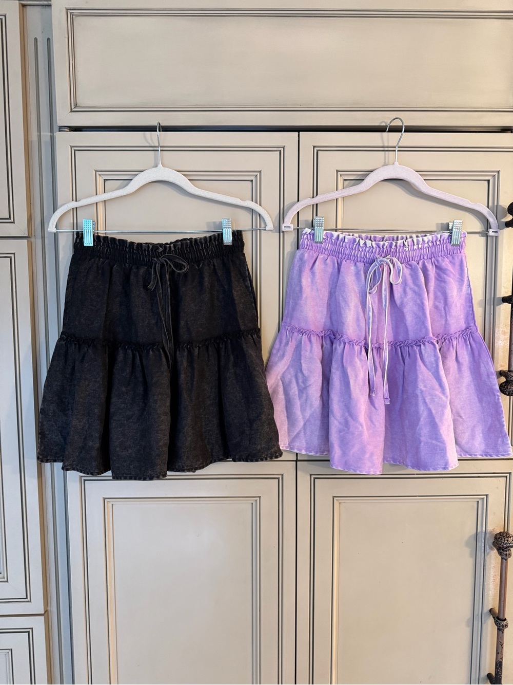 NEW Bundle 2 Zenana Tiered Mini Skirts Black Lavender acid washed Drawstring Sm